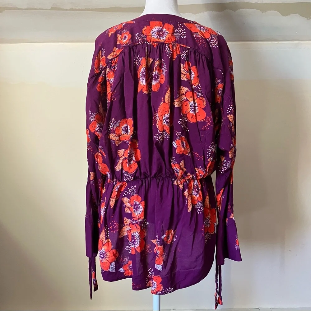 Free People Purple Tuscan Dreams Floral Printed Long Sleeve Tunic Blouse Small